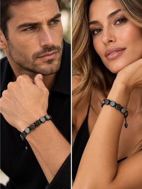 Shamballa Style Hexagon Hematite Bracelet Black Macrame Unisex Handmade Jewelry